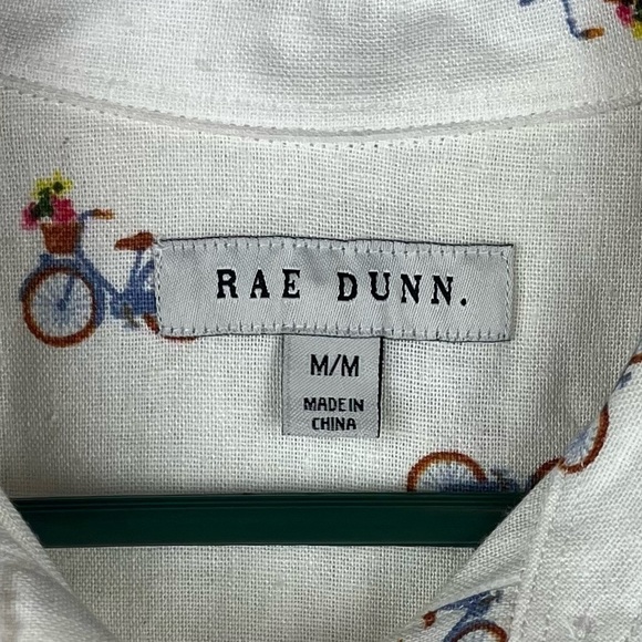 RAE DUNN Bicycle Flowers in Basket Linen Button Up Shirt Medium Novelty Print - Picture 15 of 16